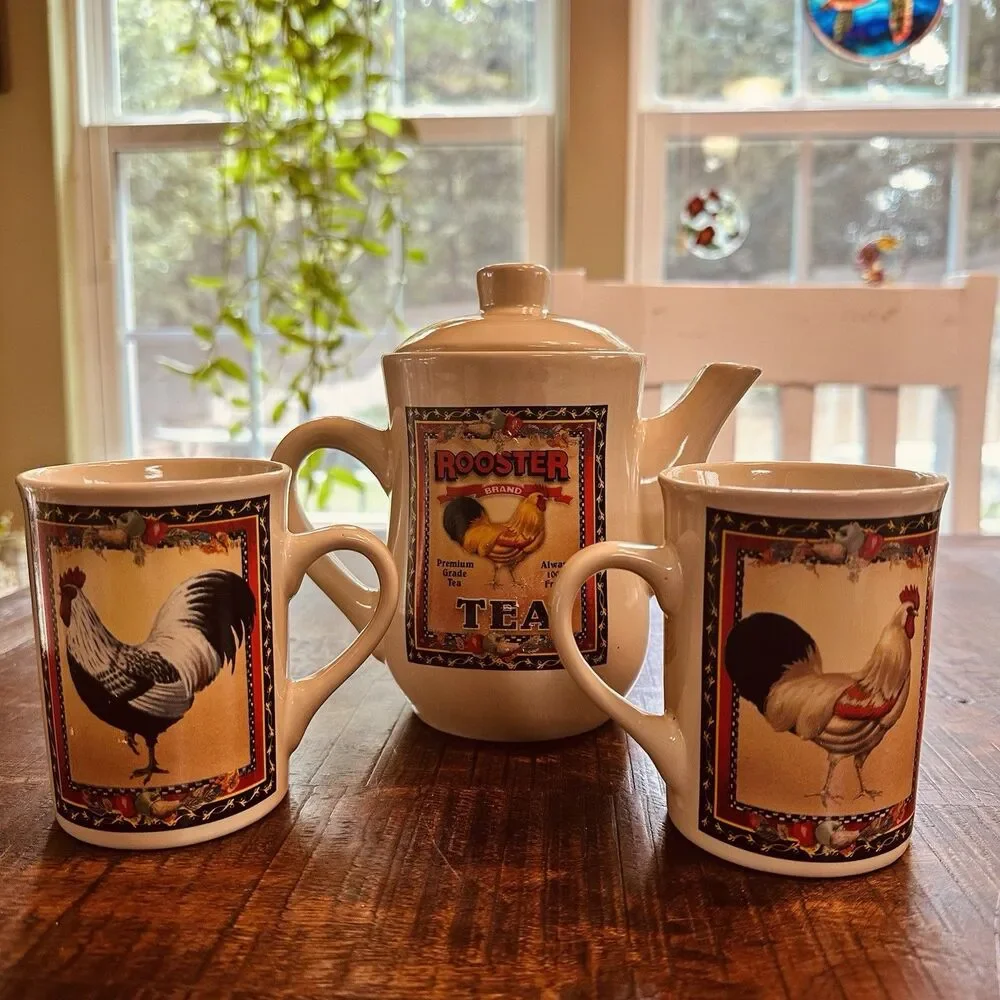 Bay Island Inc. Rooster Brand Ceramic Tea Set-Teapot with Lid & 2 Matching Mugs